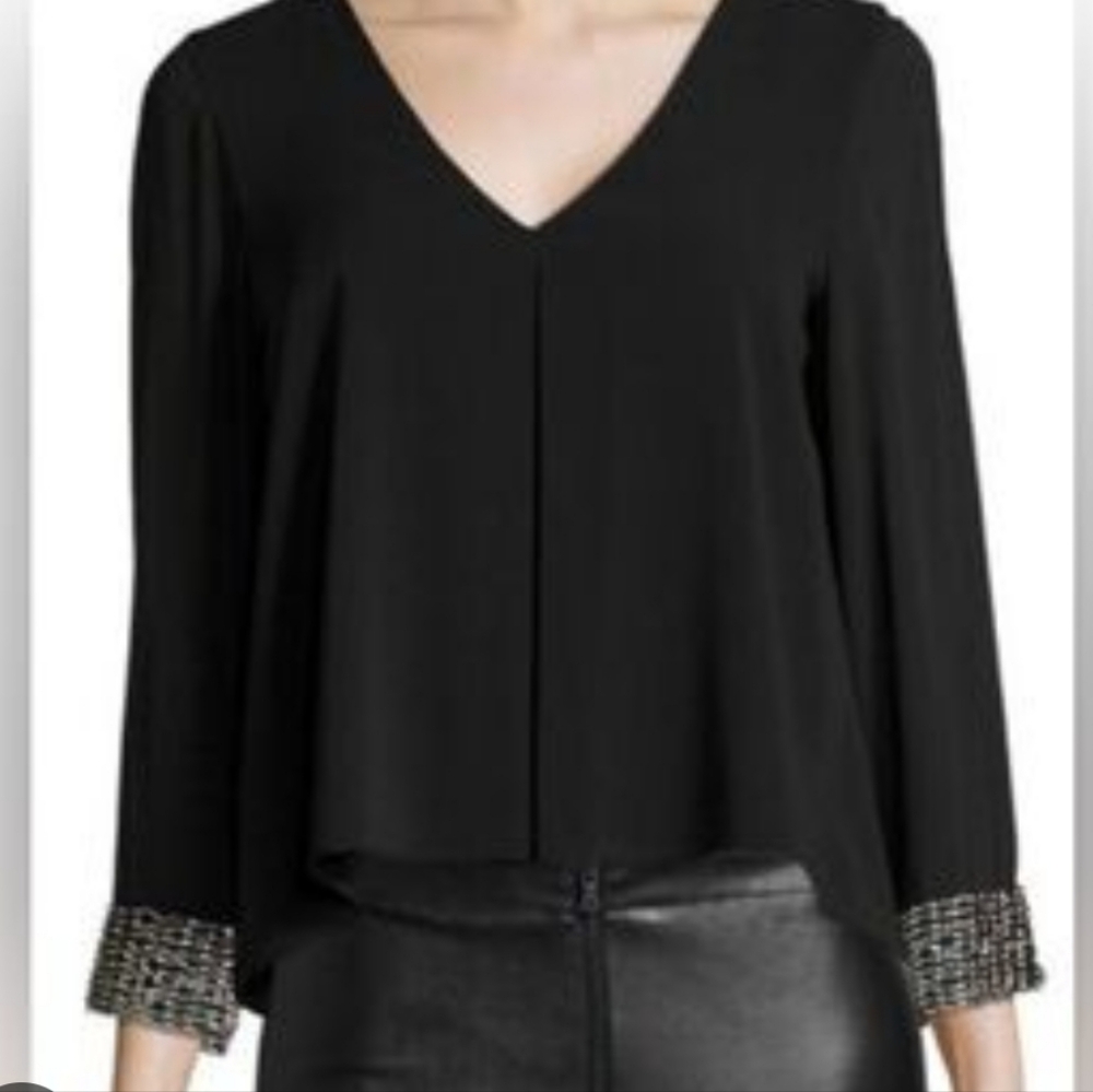 Alice+Olivia,SizeXS/P,Elegant Black Women's Silk Top with Embellished Cuffs